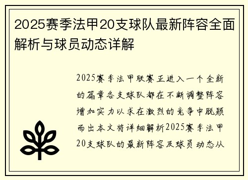 2025赛季法甲20支球队最新阵容全面解析与球员动态详解