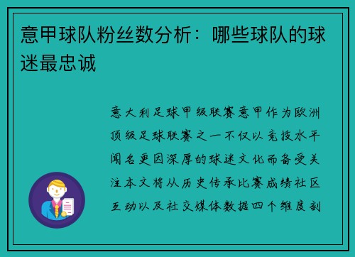 意甲球队粉丝数分析：哪些球队的球迷最忠诚